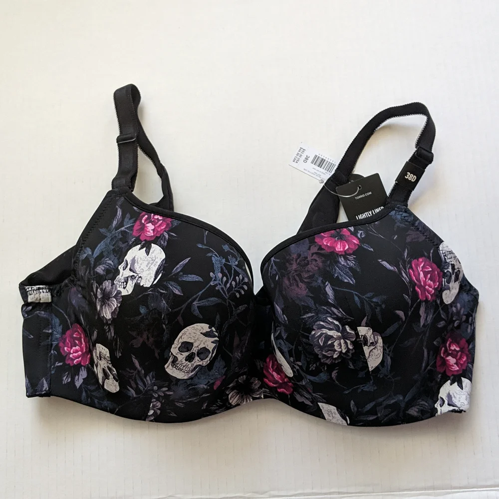 ✨NWT✨Final price Lightly Lined Full Coverage Balconette Bra-Black Skull/Roses - Picture 4 of 5
